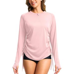 SANTINY Women’s Rash Guard UPF50+ SPF Long Sleeve Swimsuits Top UV Sun Protection Swim Shirts for Woman with Zip(Pink)