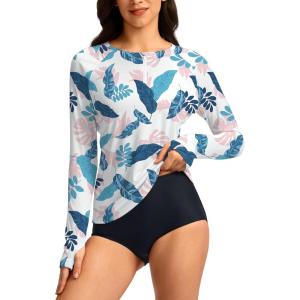 SANTINY Women’s Rash Guard UPF50+ SPF Long Sleeve Swimsuits Top UV Sun Protection Swim Shirts for Woman with Zip(Pink Leaves)