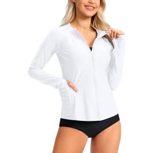 SANTINY Women’s Rash Guard UPF50+ SPF UV Protection Long Sleeve Swimsuit Top with Pockets Zip Front Swim Shirts Woman(A White)