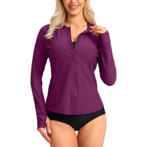 SANTINY Women’s Rash Guard UPF50+ SPF UV Protection Long Sleeve Swimsuit Top with Pockets Zip Front Swim Shirts Woman(Fuchsia)