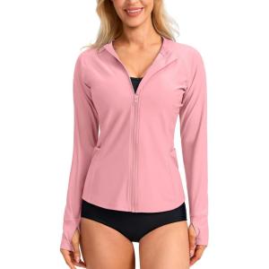SANTINY Women’s Rash Guard UPF50+ SPF UV Protection Long Sleeve Swimsuit Top with Pockets Zip Front Swim Shirts Woman(Pink)