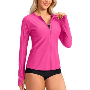 SANTINY Women’s Rash Guard UPF50+ SPF UV Protection Long Sleeve Swimsuit Top with Pockets Zip Front Swim Shirts Woman(Rose)