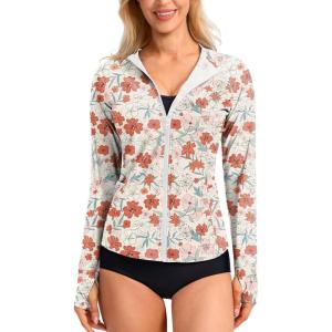SANTINY Women’s Rash Guard UPF50+ SPF UV Protection Long Sleeve Swimsuit Top with Pockets Zip Front Swim Shirts Woman(White Floral)
