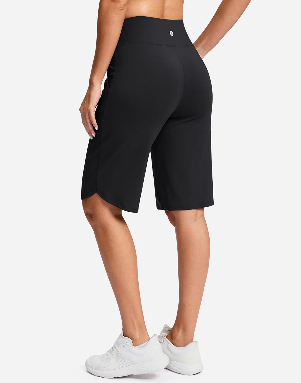 imageSANTINY 12quot Long Bermuda Shorts for Women Knee Length with Pockets High Waisted Stretch Shorts for Summer WalkingBlack