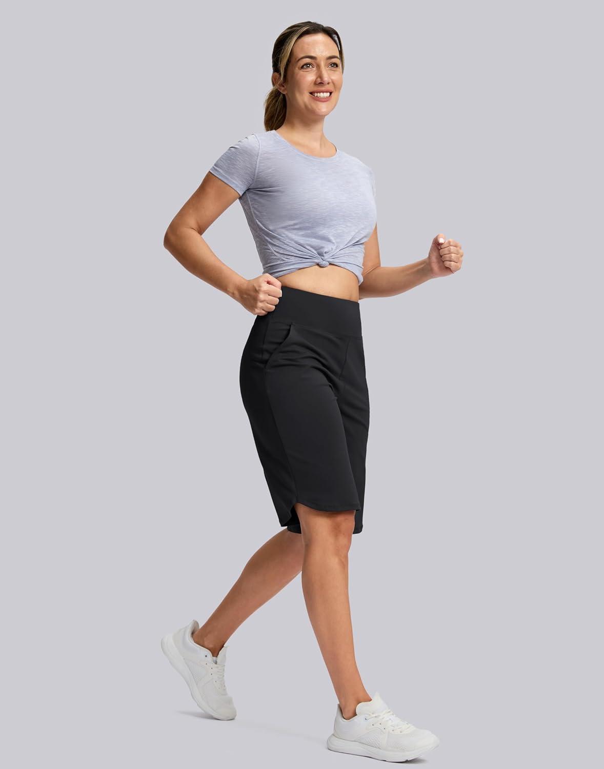 imageSANTINY 12quot Long Bermuda Shorts for Women Knee Length with Pockets High Waisted Stretch Shorts for Summer WalkingBlack