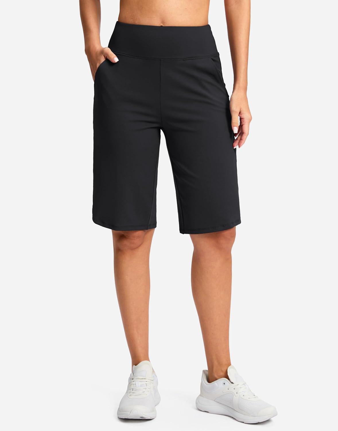 imageSANTINY 12quot Long Bermuda Shorts for Women Knee Length with Pockets High Waisted Stretch Shorts for Summer WalkingBlack