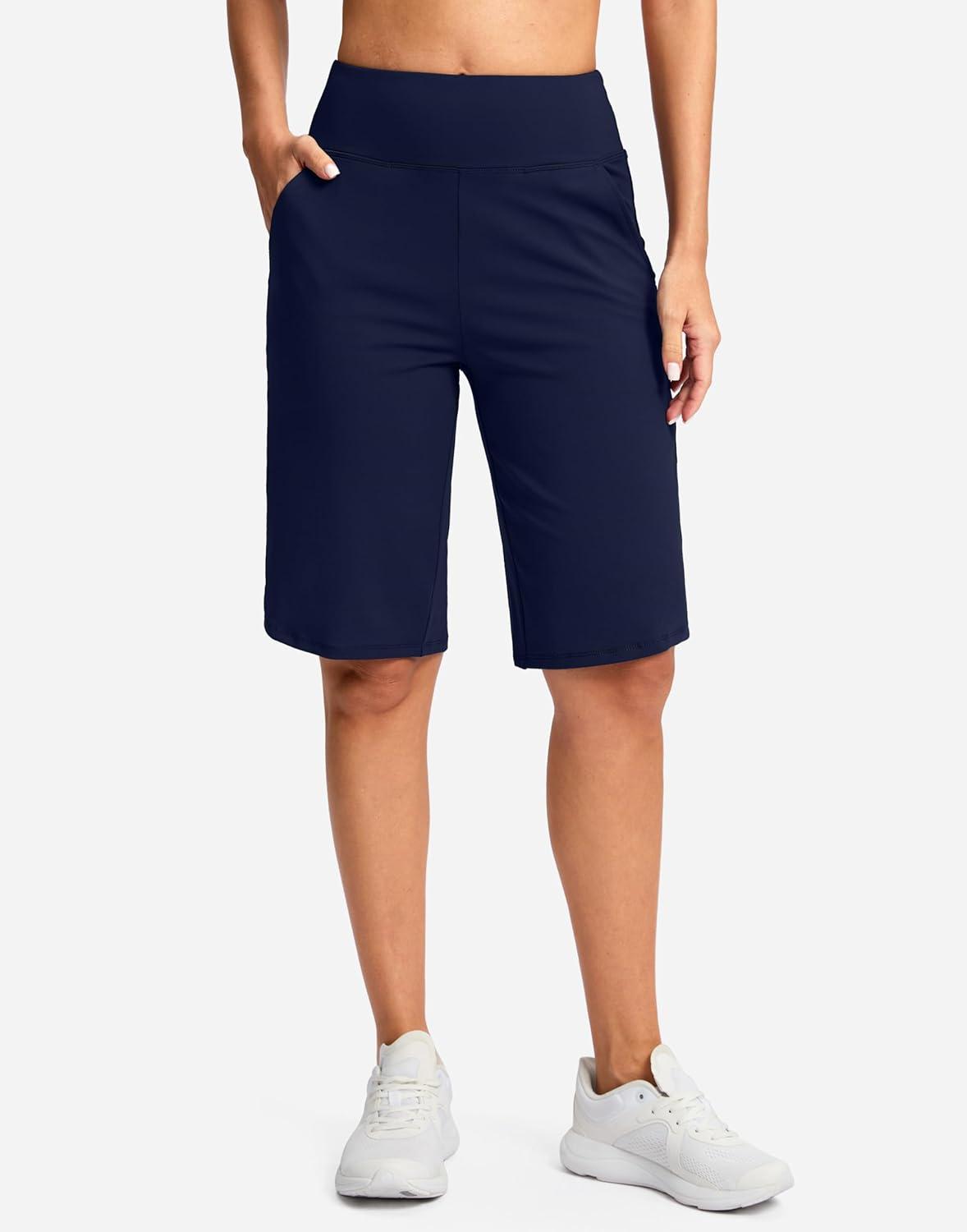 imageSANTINY 12quot Long Bermuda Shorts for Women Knee Length with Pockets High Waisted Stretch Shorts for Summer WalkingDark Blue