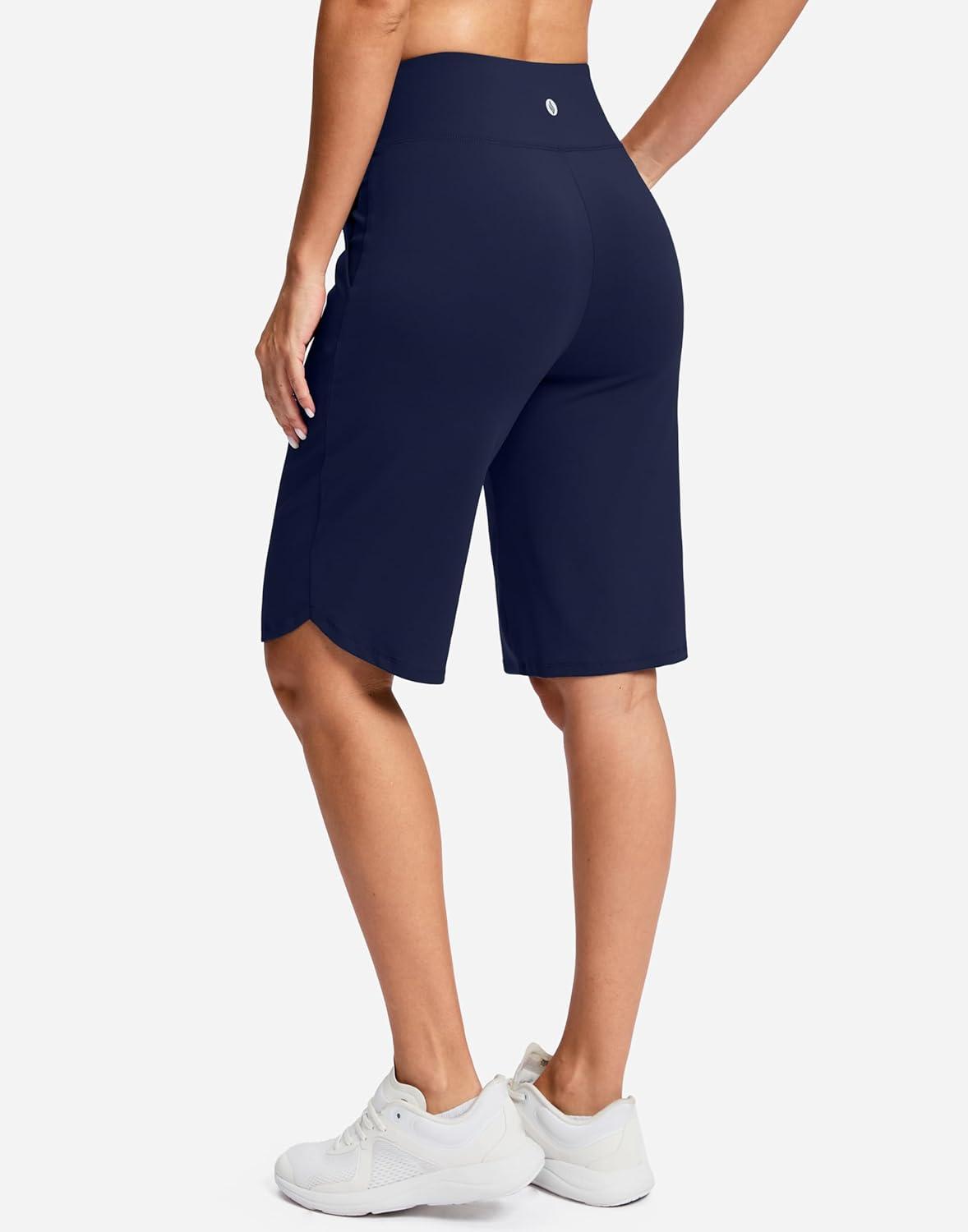 imageSANTINY 12quot Long Bermuda Shorts for Women Knee Length with Pockets High Waisted Stretch Shorts for Summer WalkingDark Blue