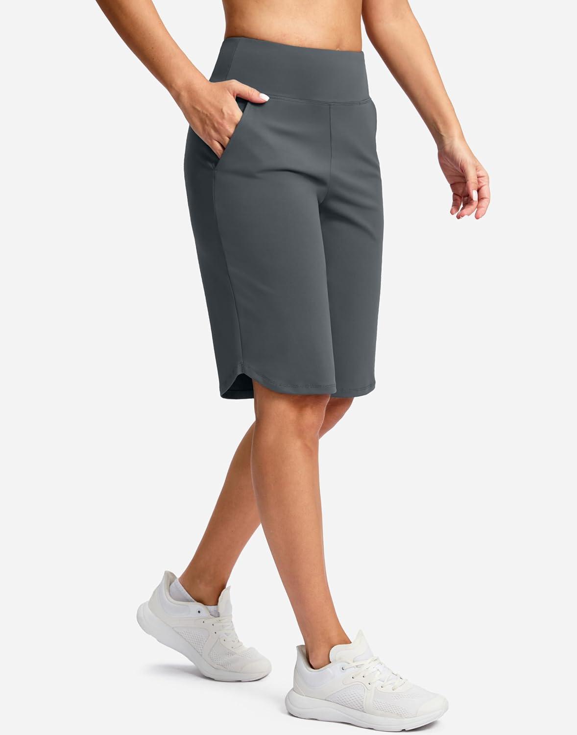 imageSANTINY 12quot Long Bermuda Shorts for Women Knee Length with Pockets High Waisted Stretch Shorts for Summer WalkingDark Grey