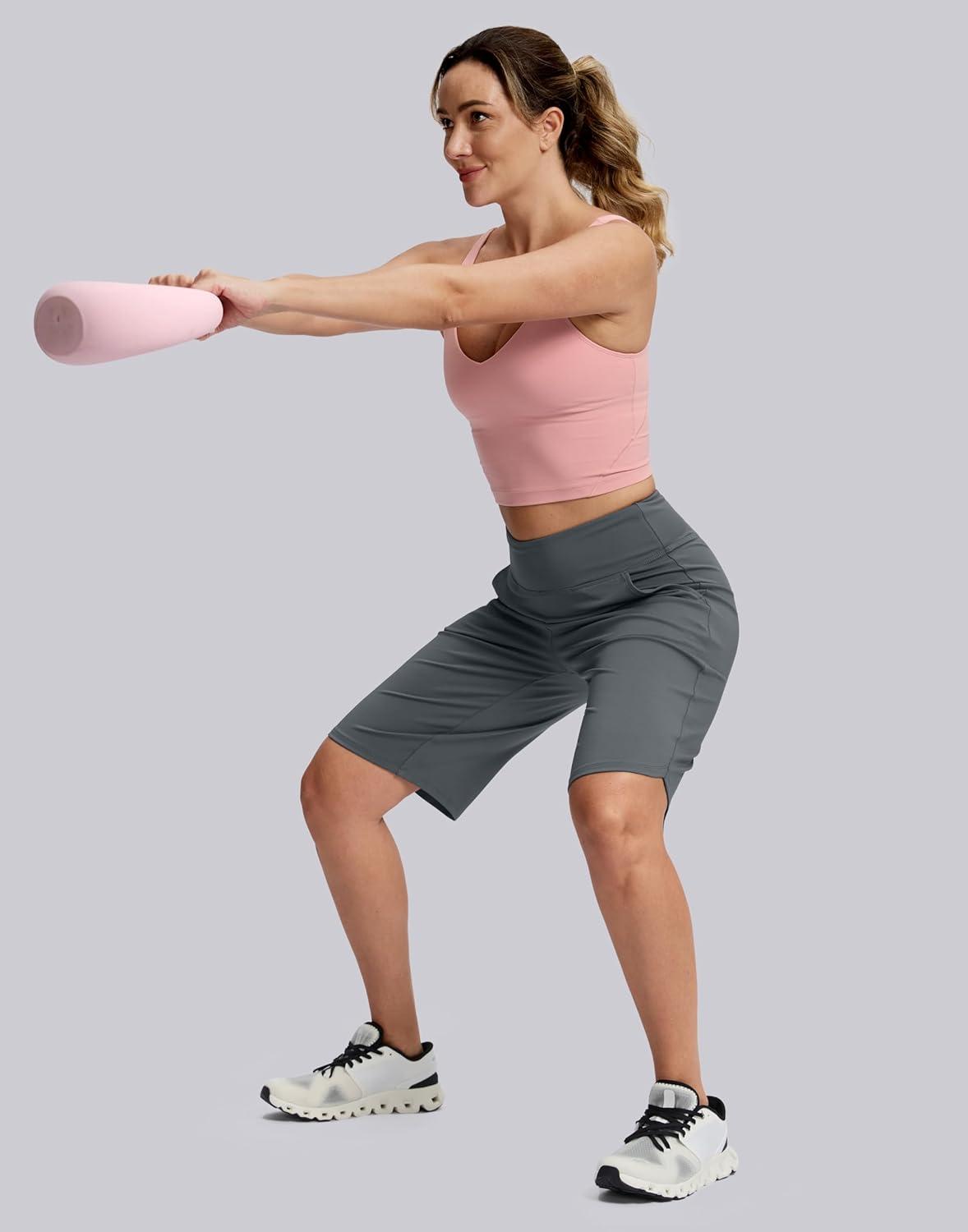 imageSANTINY 12quot Long Bermuda Shorts for Women Knee Length with Pockets High Waisted Stretch Shorts for Summer WalkingDark Grey