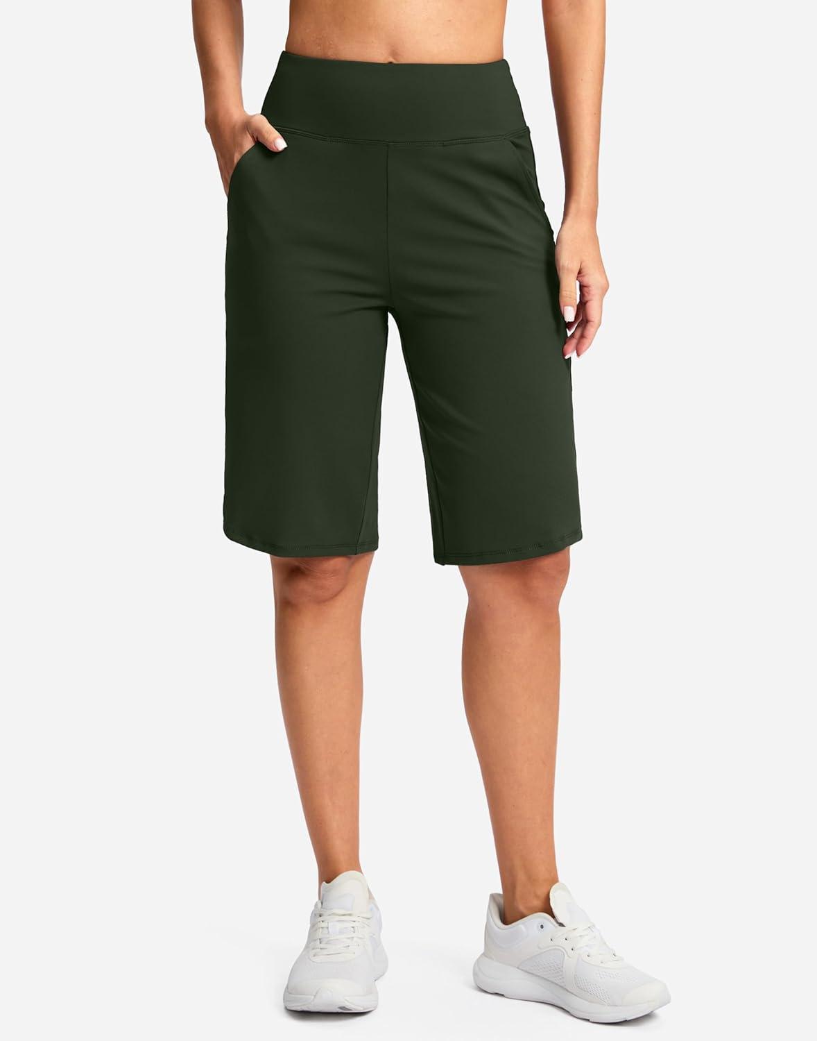 imageSANTINY 12quot Long Bermuda Shorts for Women Knee Length with Pockets High Waisted Stretch Shorts for Summer WalkingDark Olive