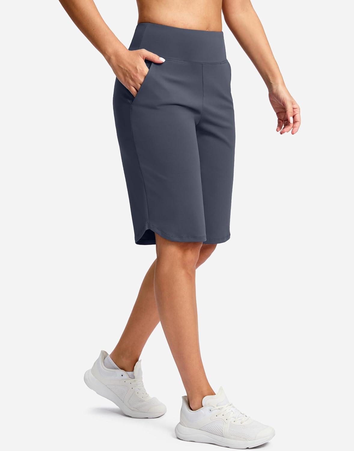 imageSANTINY 12quot Long Bermuda Shorts for Women Knee Length with Pockets High Waisted Stretch Shorts for Summer WalkingGrey Blue