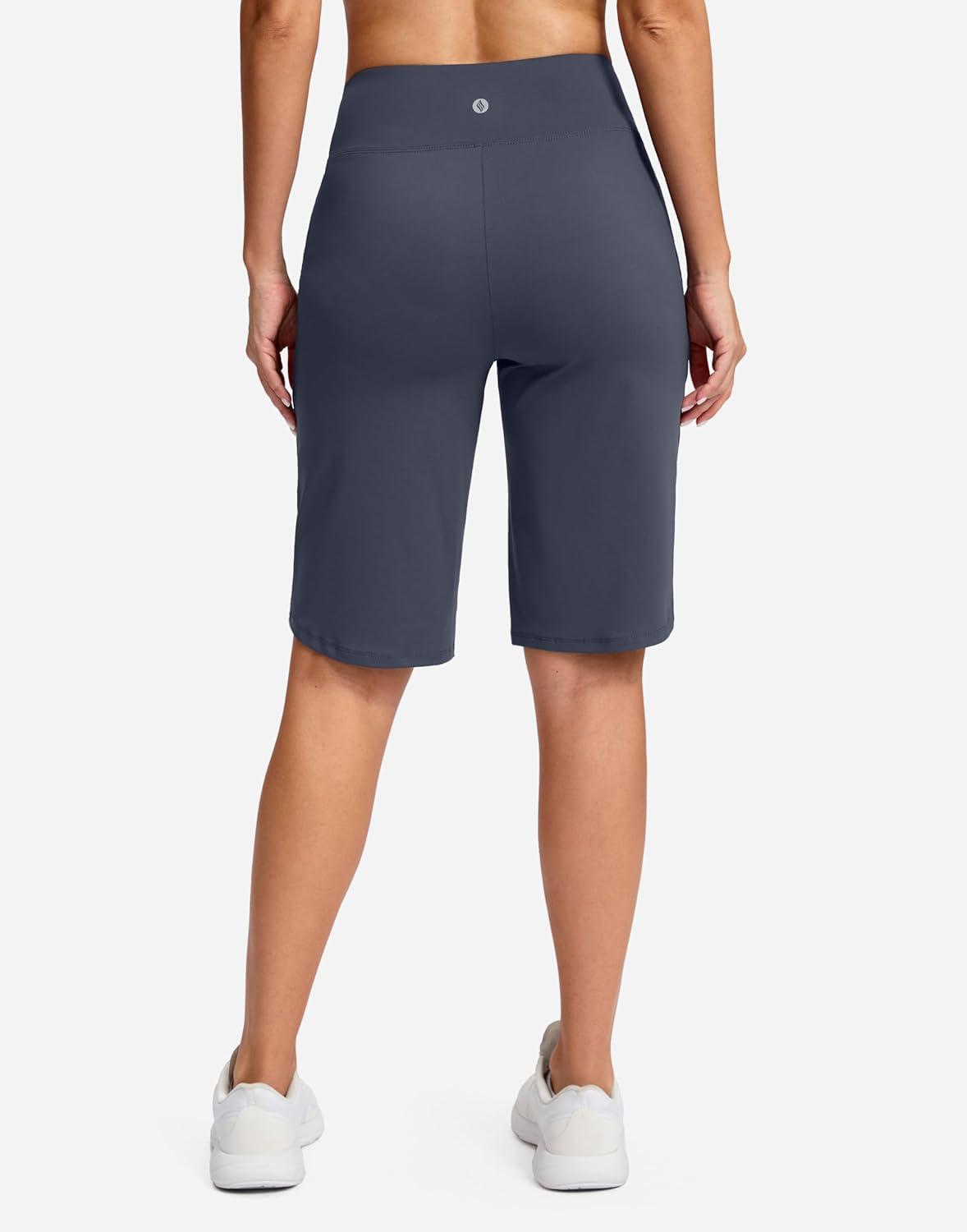 imageSANTINY 12quot Long Bermuda Shorts for Women Knee Length with Pockets High Waisted Stretch Shorts for Summer WalkingGrey Blue