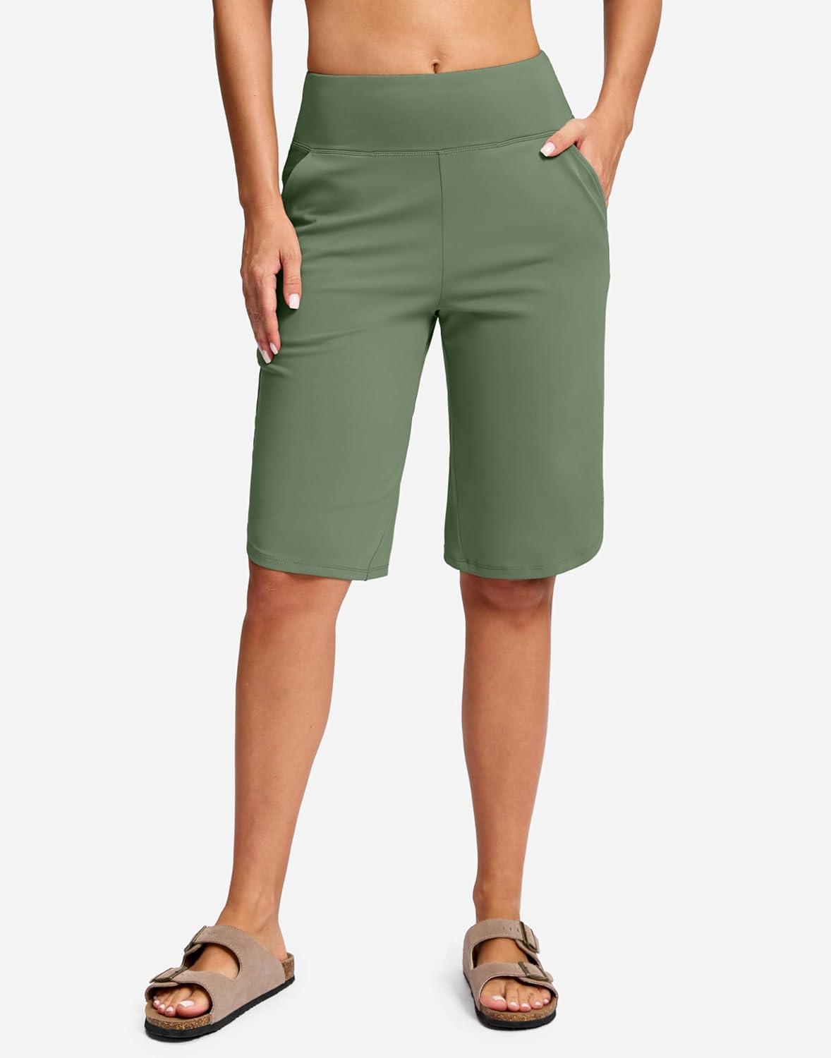 imageSANTINY 12quot Long Bermuda Shorts for Women Knee Length with Pockets High Waisted Stretch Shorts for Summer WalkingGrey Sage