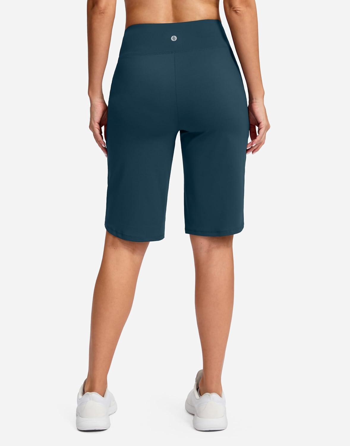 imageSANTINY 12quot Long Bermuda Shorts for Women Knee Length with Pockets High Waisted Stretch Shorts for Summer WalkingIndigo