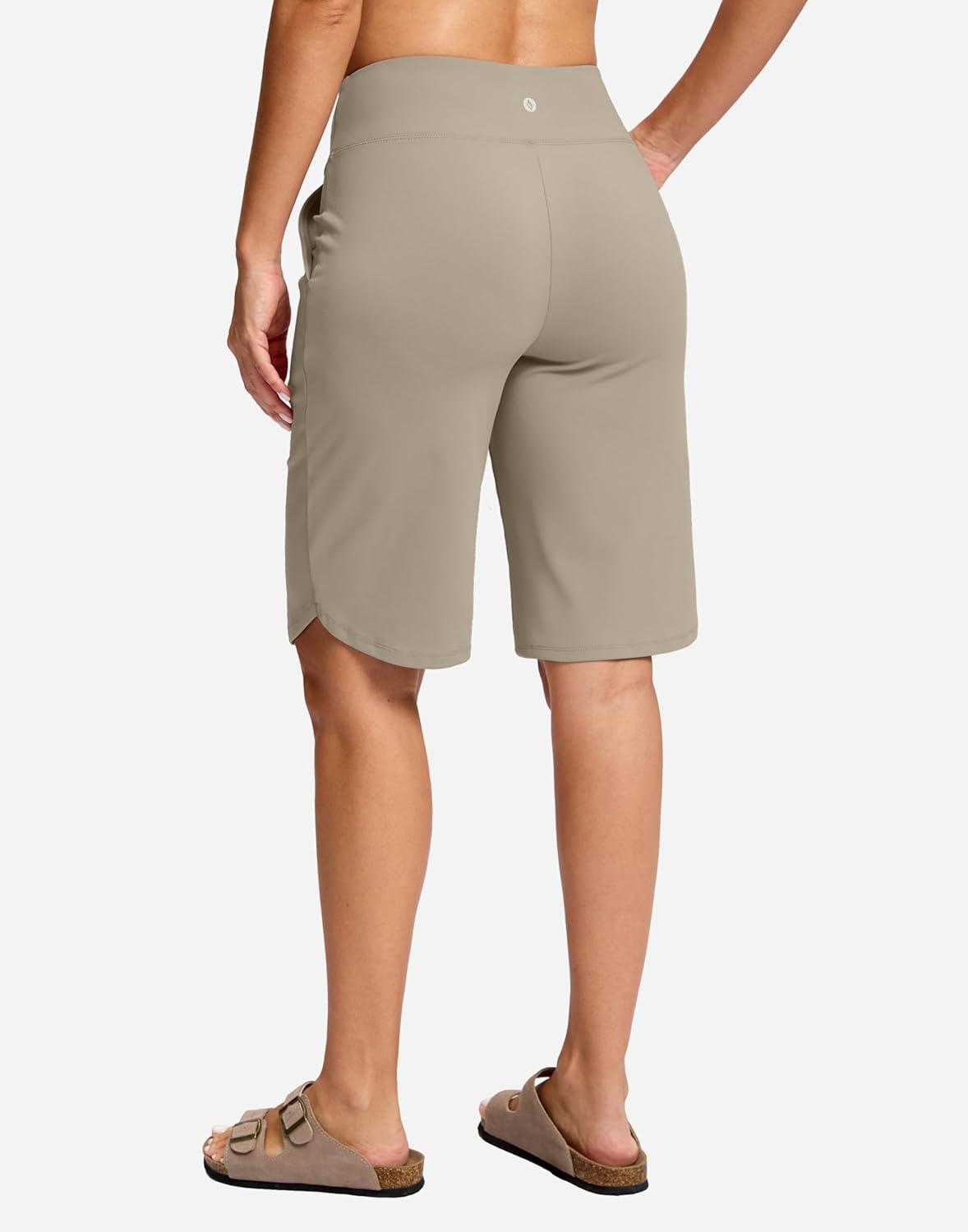 imageSANTINY 12quot Long Bermuda Shorts for Women Knee Length with Pockets High Waisted Stretch Shorts for Summer WalkingKhaki