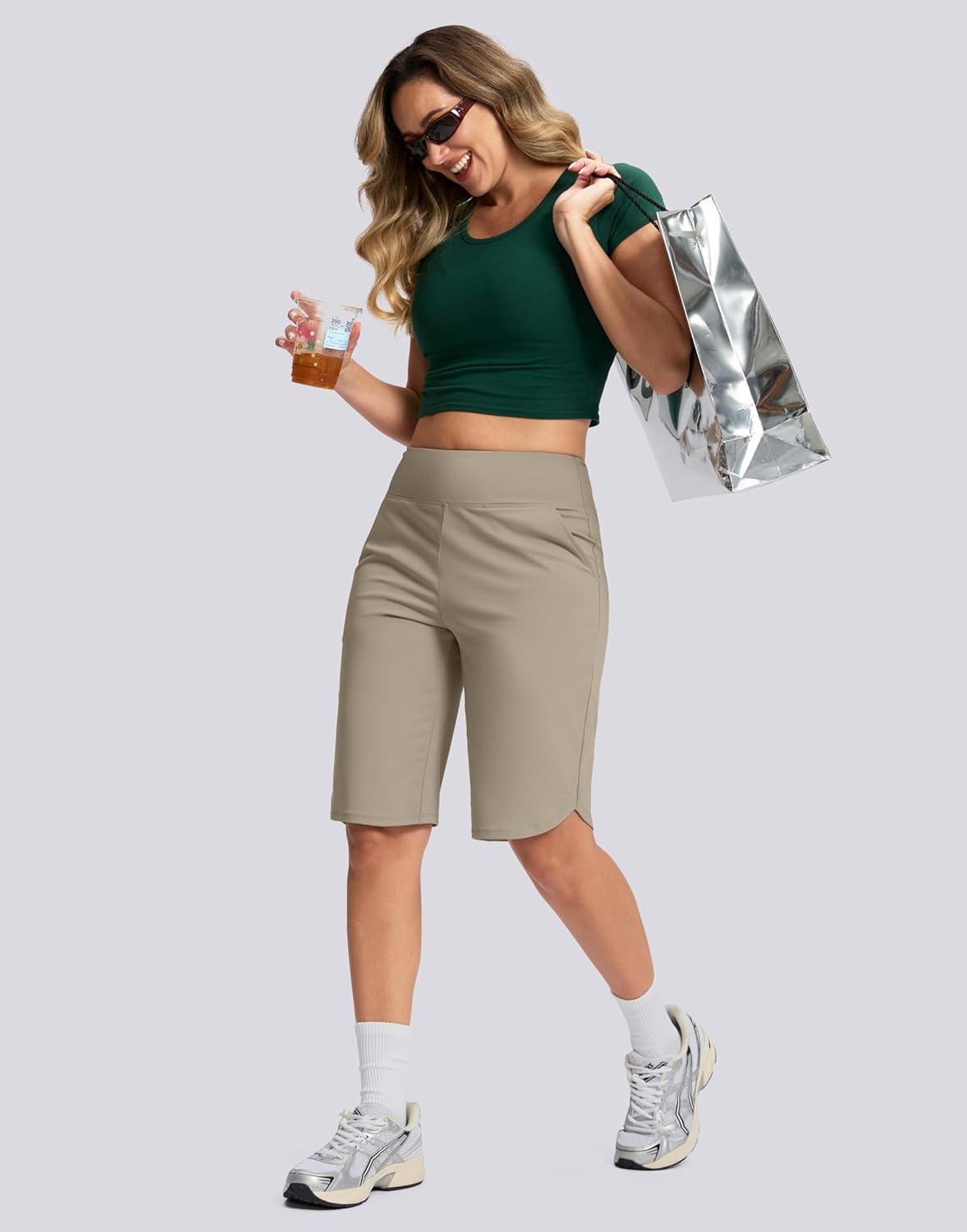 imageSANTINY 12quot Long Bermuda Shorts for Women Knee Length with Pockets High Waisted Stretch Shorts for Summer WalkingKhaki