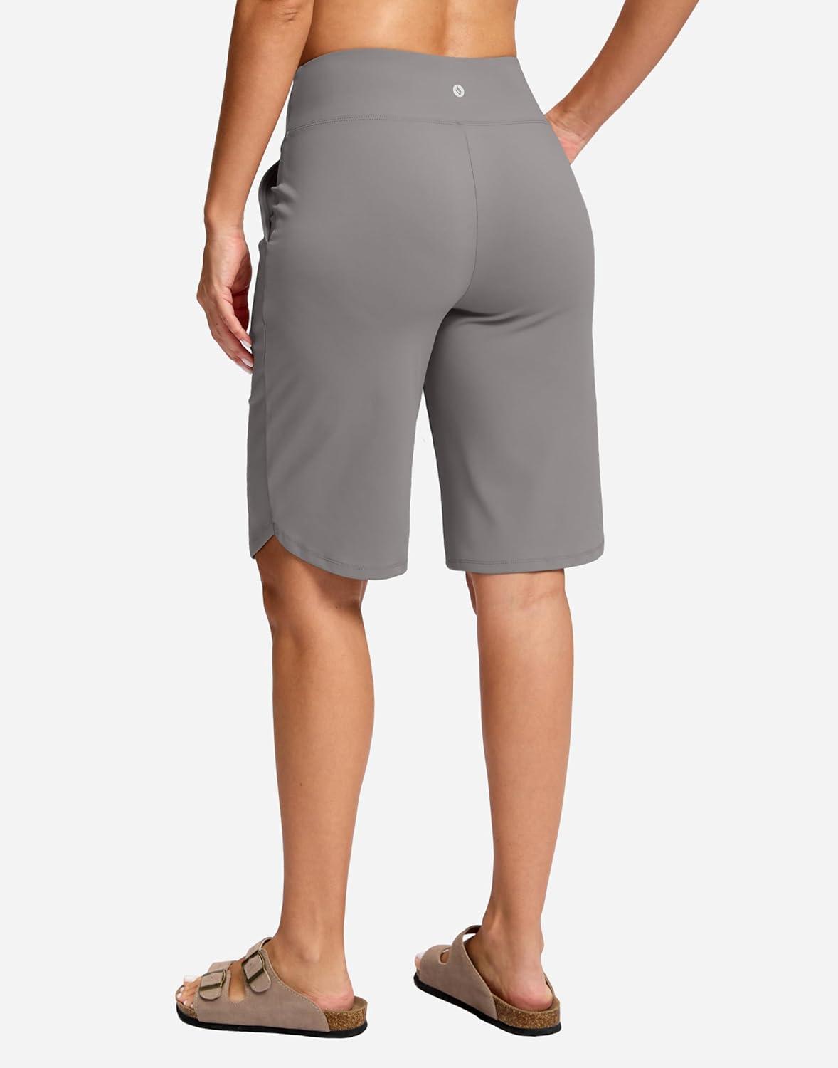 imageSANTINY 12quot Long Bermuda Shorts for Women Knee Length with Pockets High Waisted Stretch Shorts for Summer WalkingLight Grey