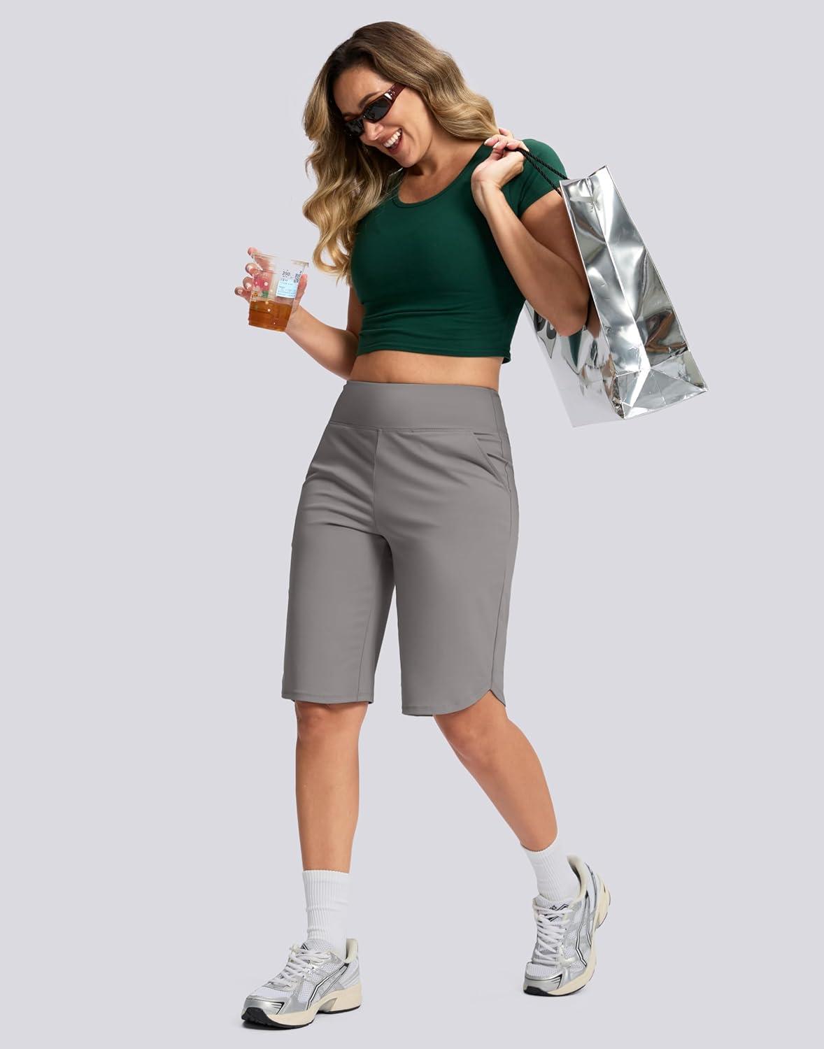 imageSANTINY 12quot Long Bermuda Shorts for Women Knee Length with Pockets High Waisted Stretch Shorts for Summer WalkingLight Grey