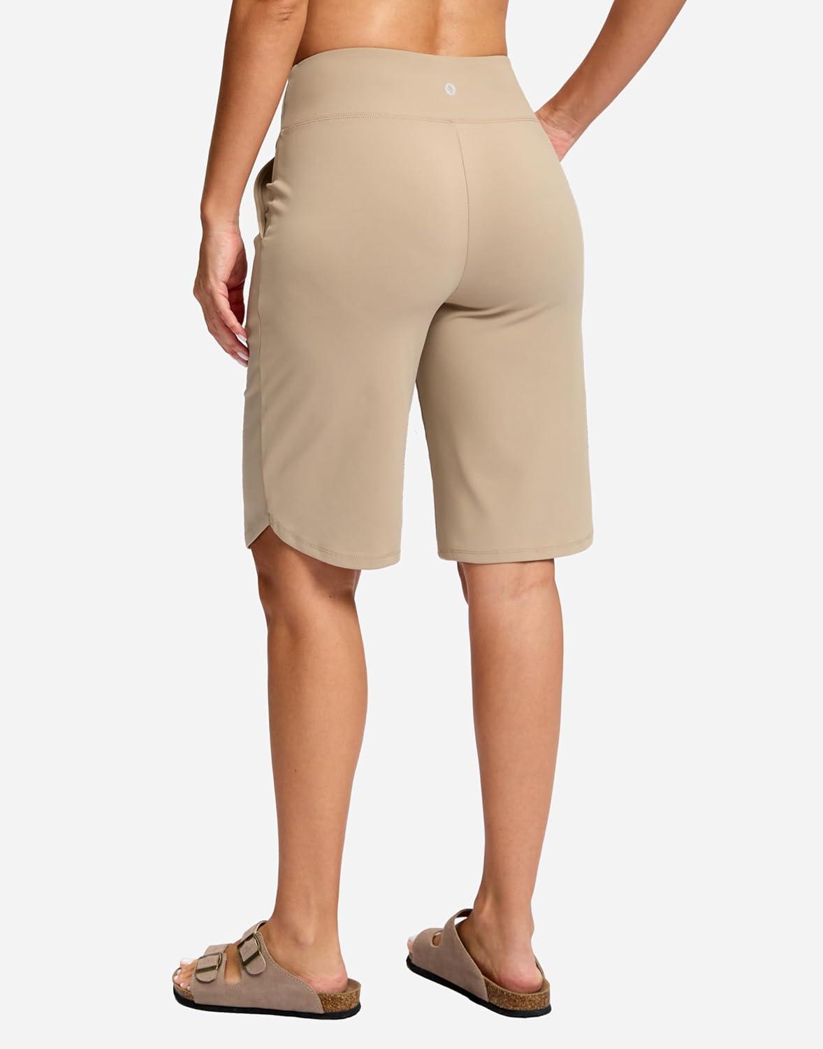 imageSANTINY 12quot Long Bermuda Shorts for Women Knee Length with Pockets High Waisted Stretch Shorts for Summer WalkingLight Khaki