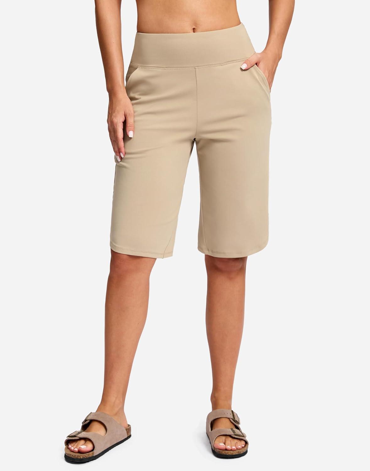 imageSANTINY 12quot Long Bermuda Shorts for Women Knee Length with Pockets High Waisted Stretch Shorts for Summer WalkingLight Khaki