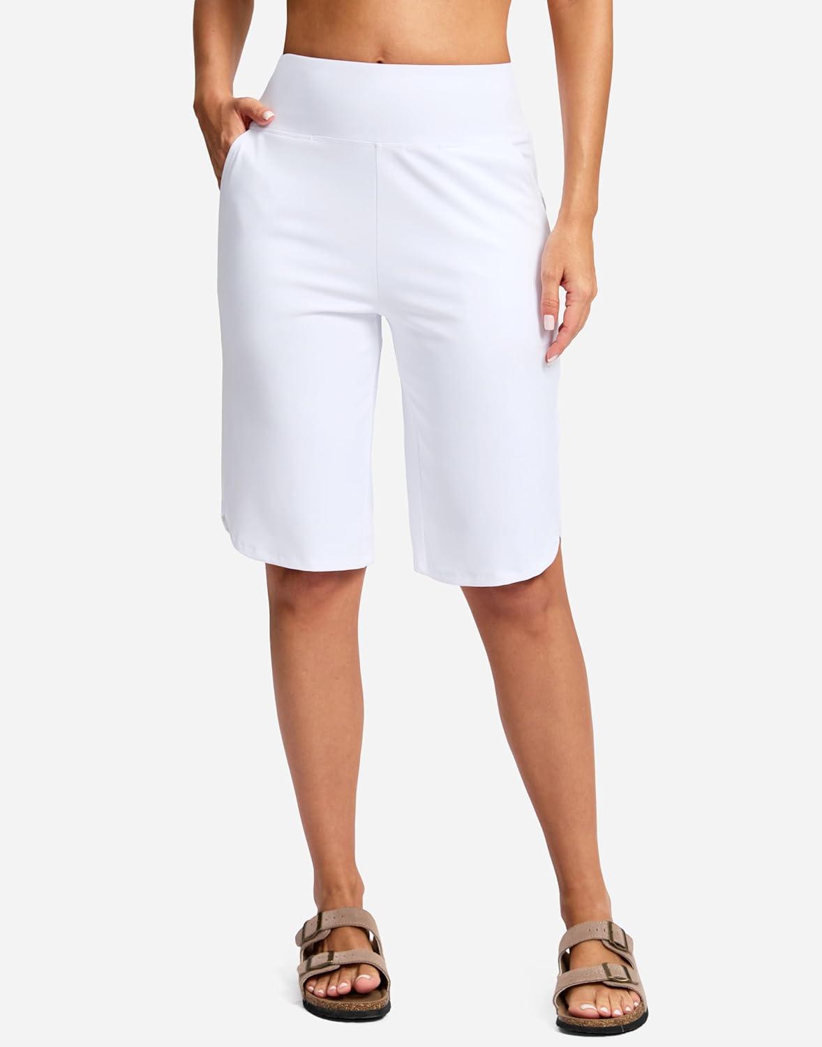 imageSANTINY 12quot Long Bermuda Shorts for Women Knee Length with Pockets High Waisted Stretch Shorts for Summer WalkingWhite