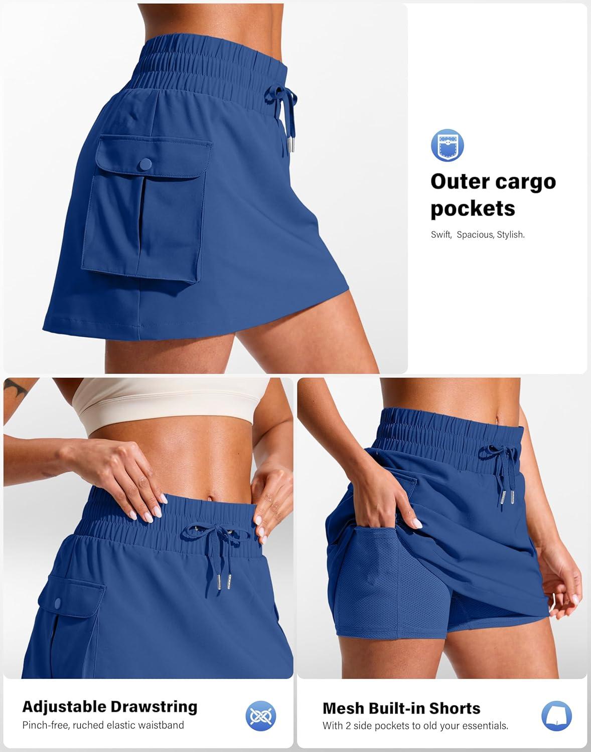 imageSANTINY 14quot Cargo Skorts for Women with 4 Pockets Drawstring High Waisted Golf Hiking Skirt for Casual Summer TravelDeep Blue