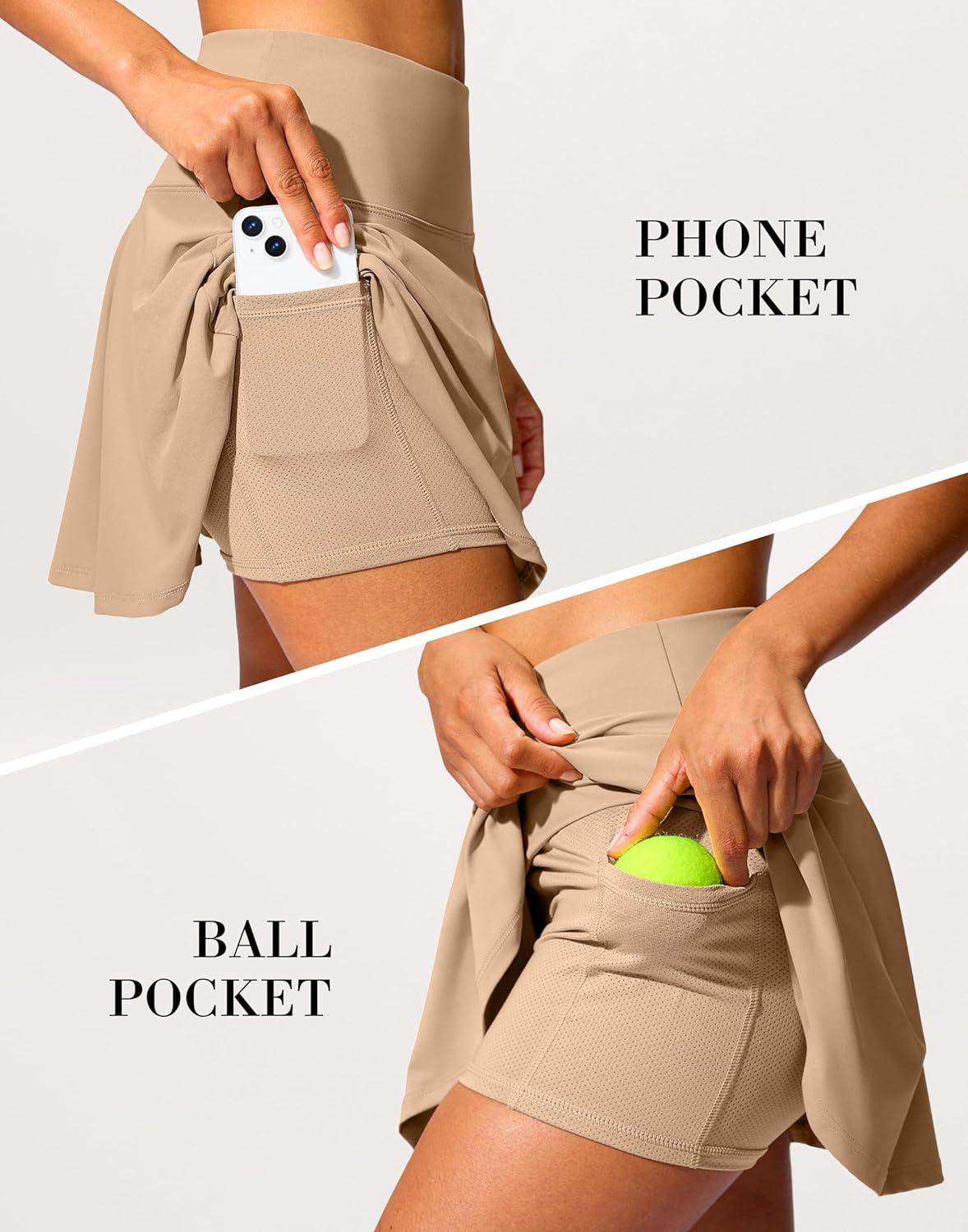 imageSANTINY 14quot Tennis Skirt Golf Skorts with Pockets Tummy Control Shorts Pleated Skirts for Women Athletic Dressy CasualKhaki