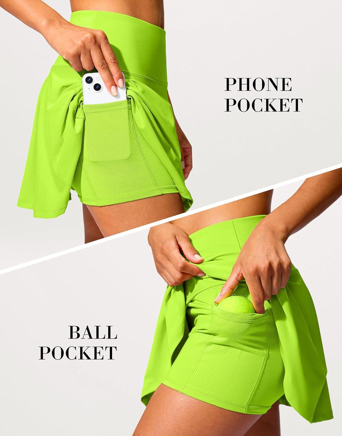 imageSANTINY 14quot Tennis Skirt Golf Skorts with Pockets Tummy Control Shorts Pleated Skirts for Women Athletic Dressy CasualNeon Yellow