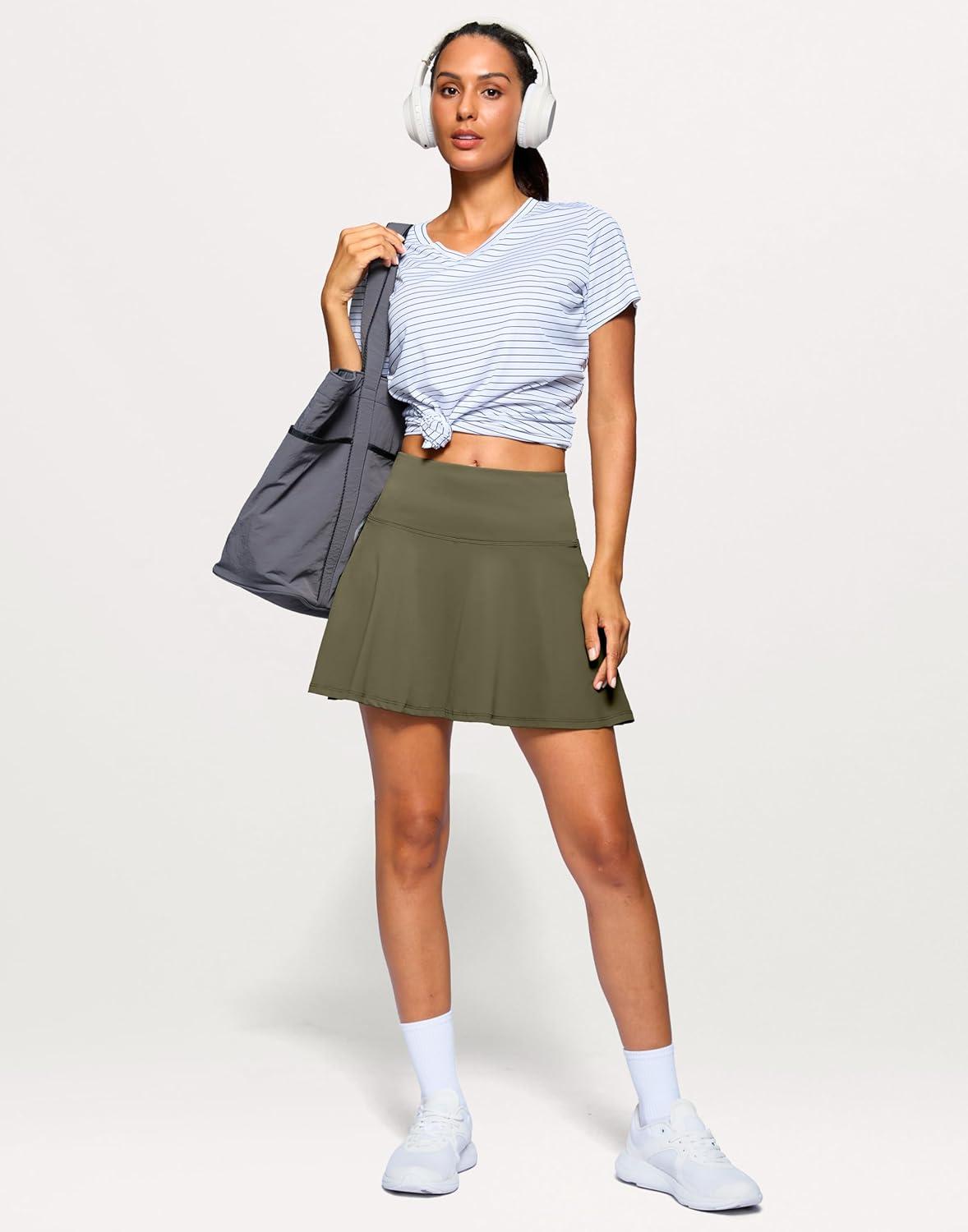 imageSANTINY 14quot Tennis Skirt Golf Skorts with Pockets Tummy Control Shorts Pleated Skirts for Women Athletic Dressy CasualOlive