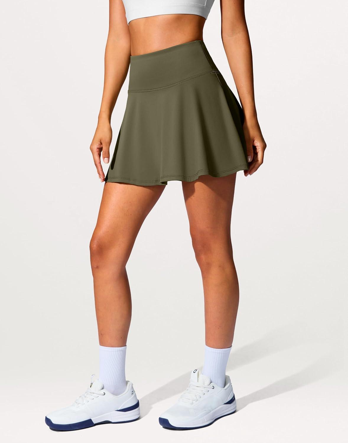 imageSANTINY 14quot Tennis Skirt Golf Skorts with Pockets Tummy Control Shorts Pleated Skirts for Women Athletic Dressy CasualOlive