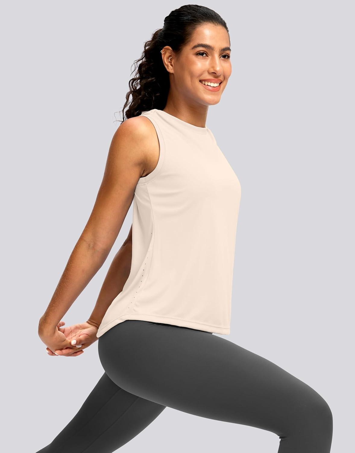 imageSANTINY Sleeveless Workout Tops for Women Breathable Lightweight Athletic Running Tank Tops Active Tennis Yoga ShirtsBeige