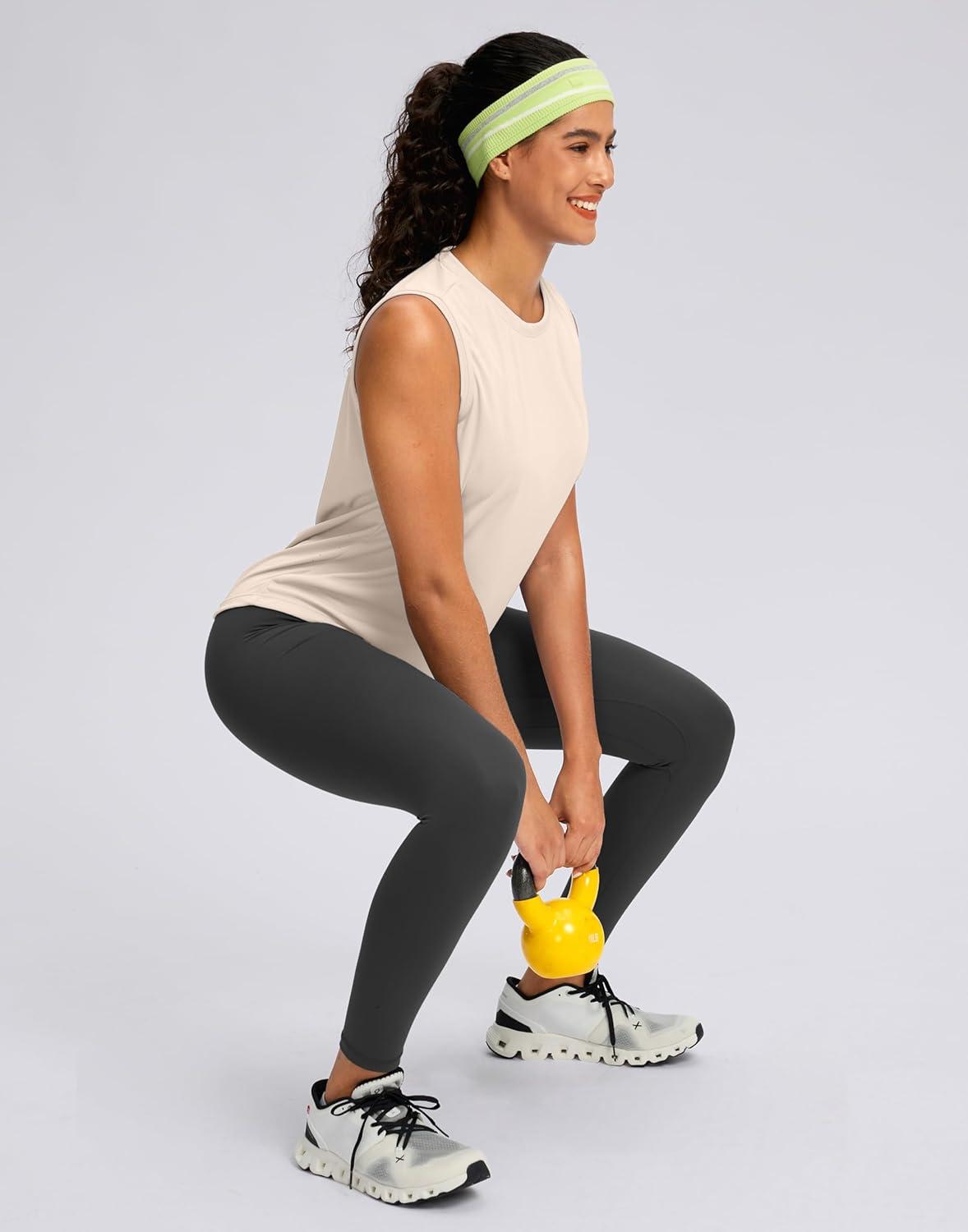 imageSANTINY Sleeveless Workout Tops for Women Breathable Lightweight Athletic Running Tank Tops Active Tennis Yoga ShirtsBeige