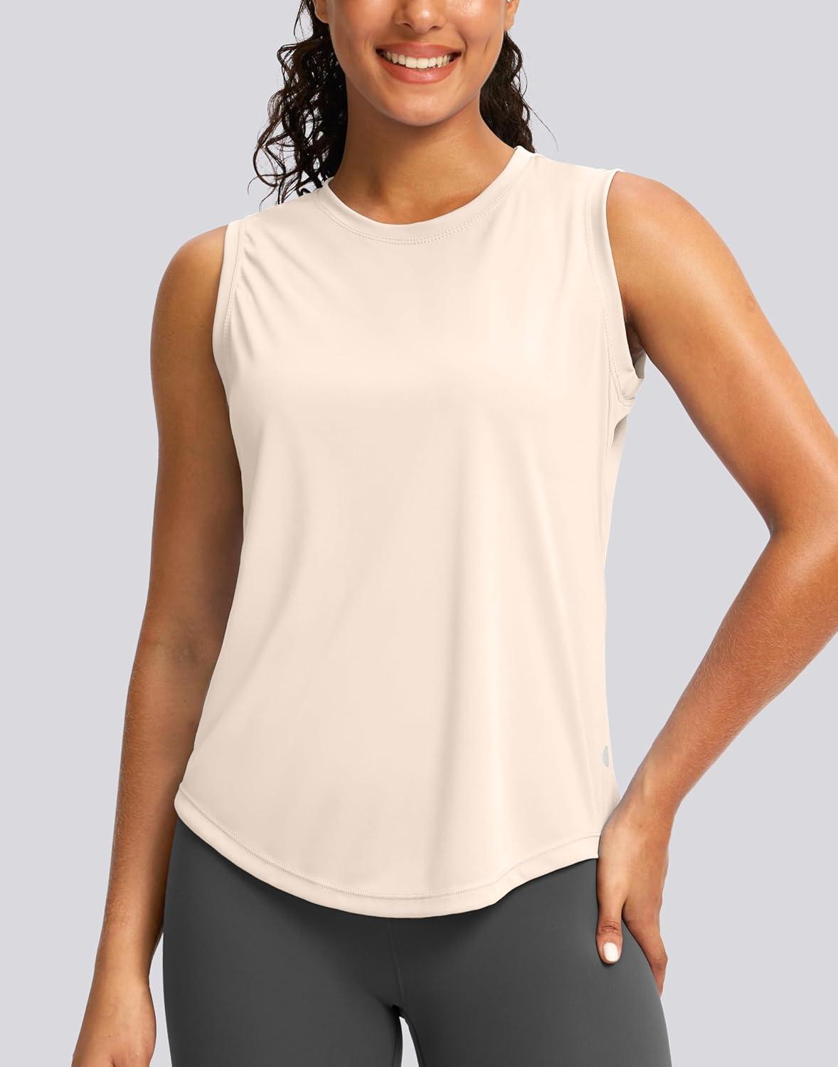 imageSANTINY Sleeveless Workout Tops for Women Breathable Lightweight Athletic Running Tank Tops Active Tennis Yoga ShirtsBeige