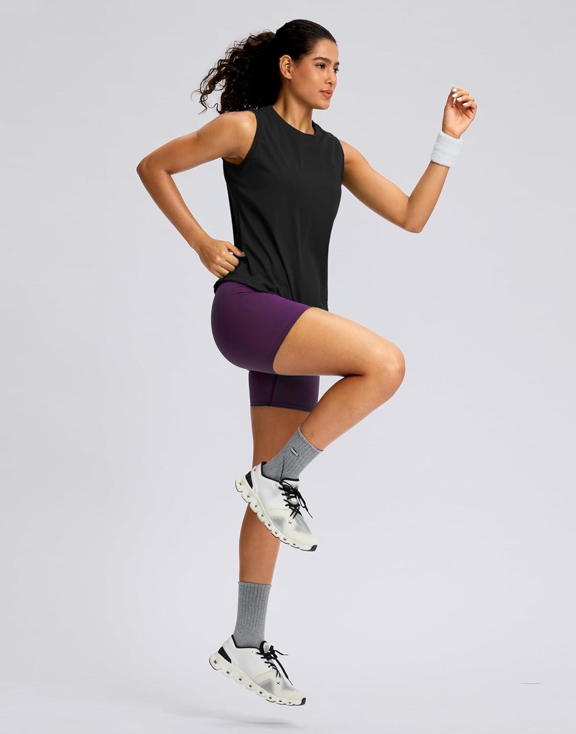 imageSANTINY Sleeveless Workout Tops for Women Breathable Lightweight Athletic Running Tank Tops Active Tennis Yoga ShirtsBlack