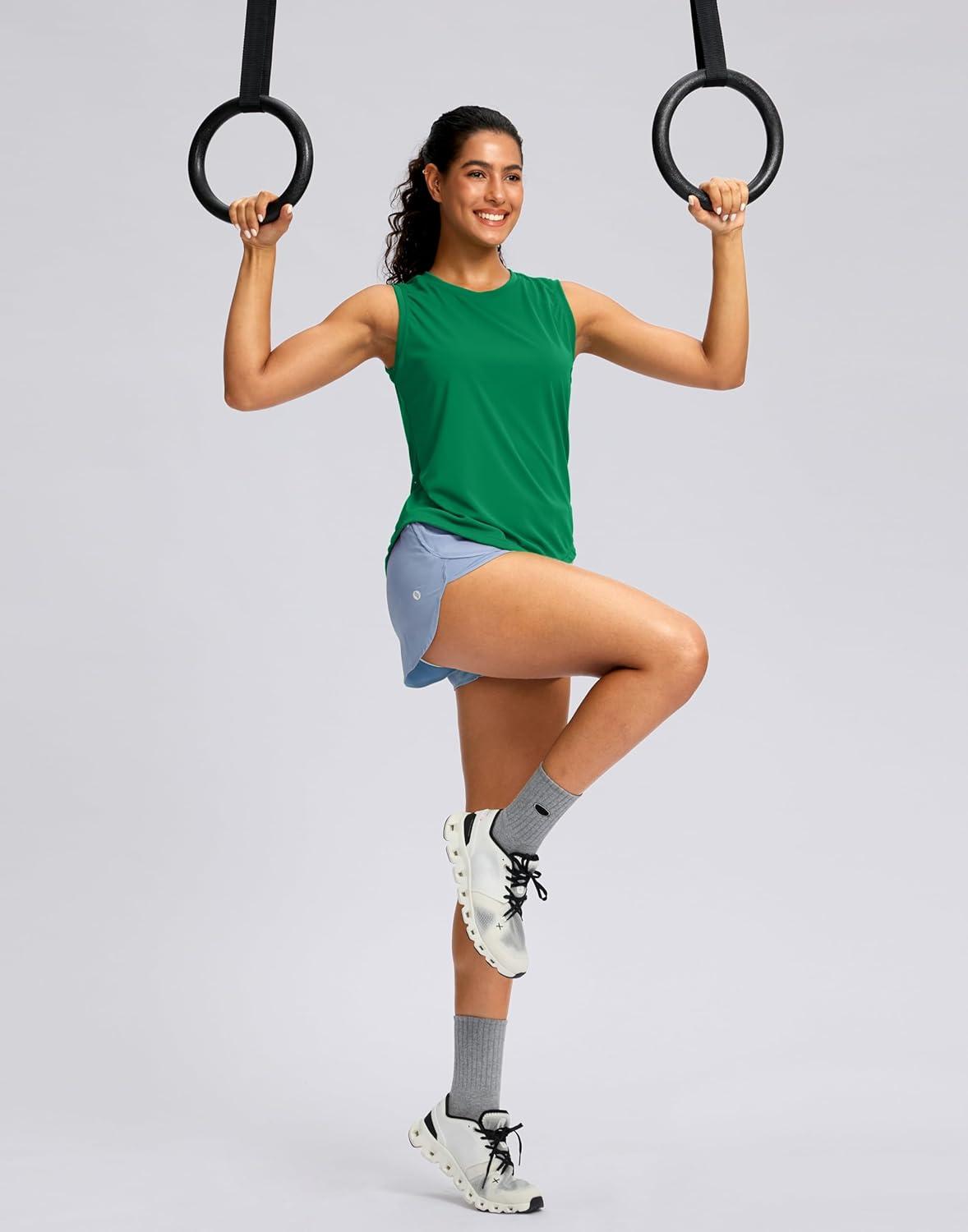 imageSANTINY Sleeveless Workout Tops for Women Breathable Lightweight Athletic Running Tank Tops Active Tennis Yoga ShirtsGreen