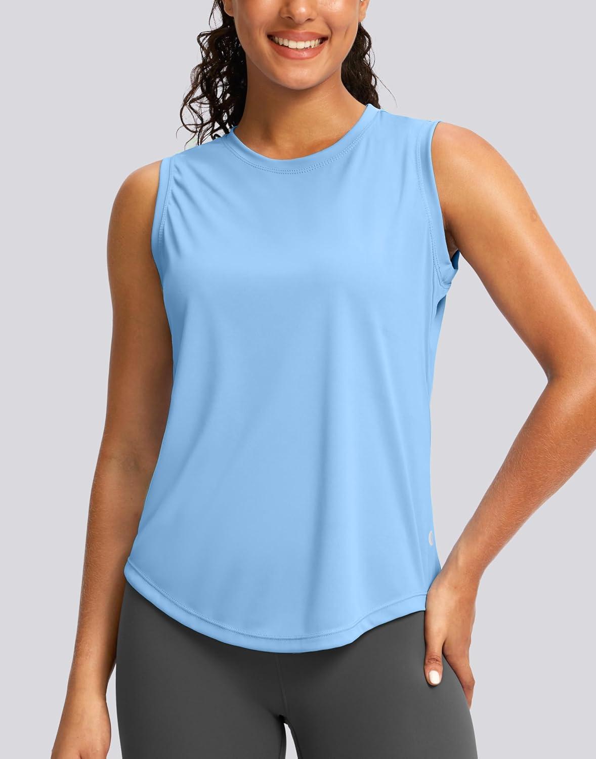 imageSANTINY Sleeveless Workout Tops for Women Breathable Lightweight Athletic Running Tank Tops Active Tennis Yoga ShirtsHaze Blue
