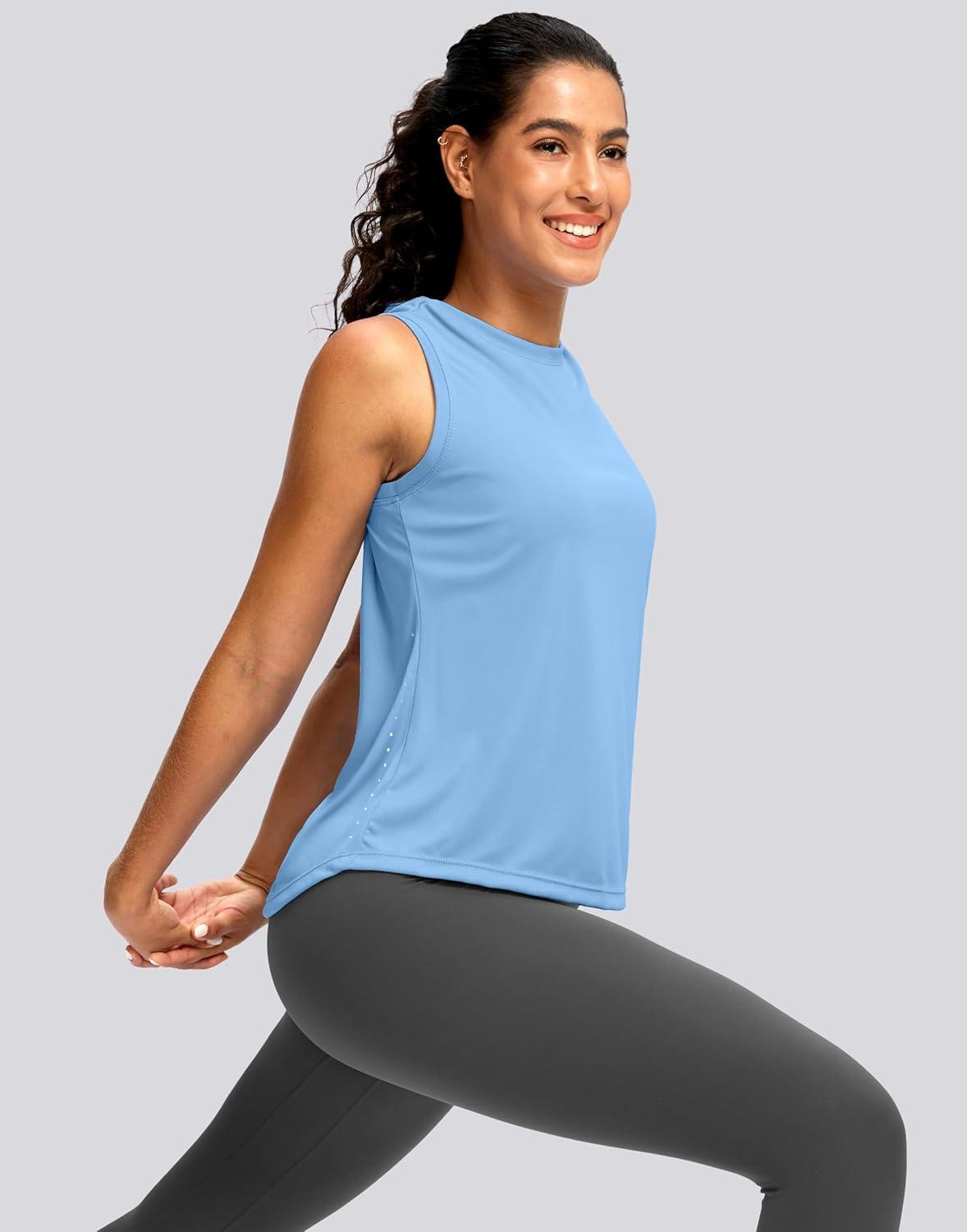 imageSANTINY Sleeveless Workout Tops for Women Breathable Lightweight Athletic Running Tank Tops Active Tennis Yoga ShirtsHaze Blue