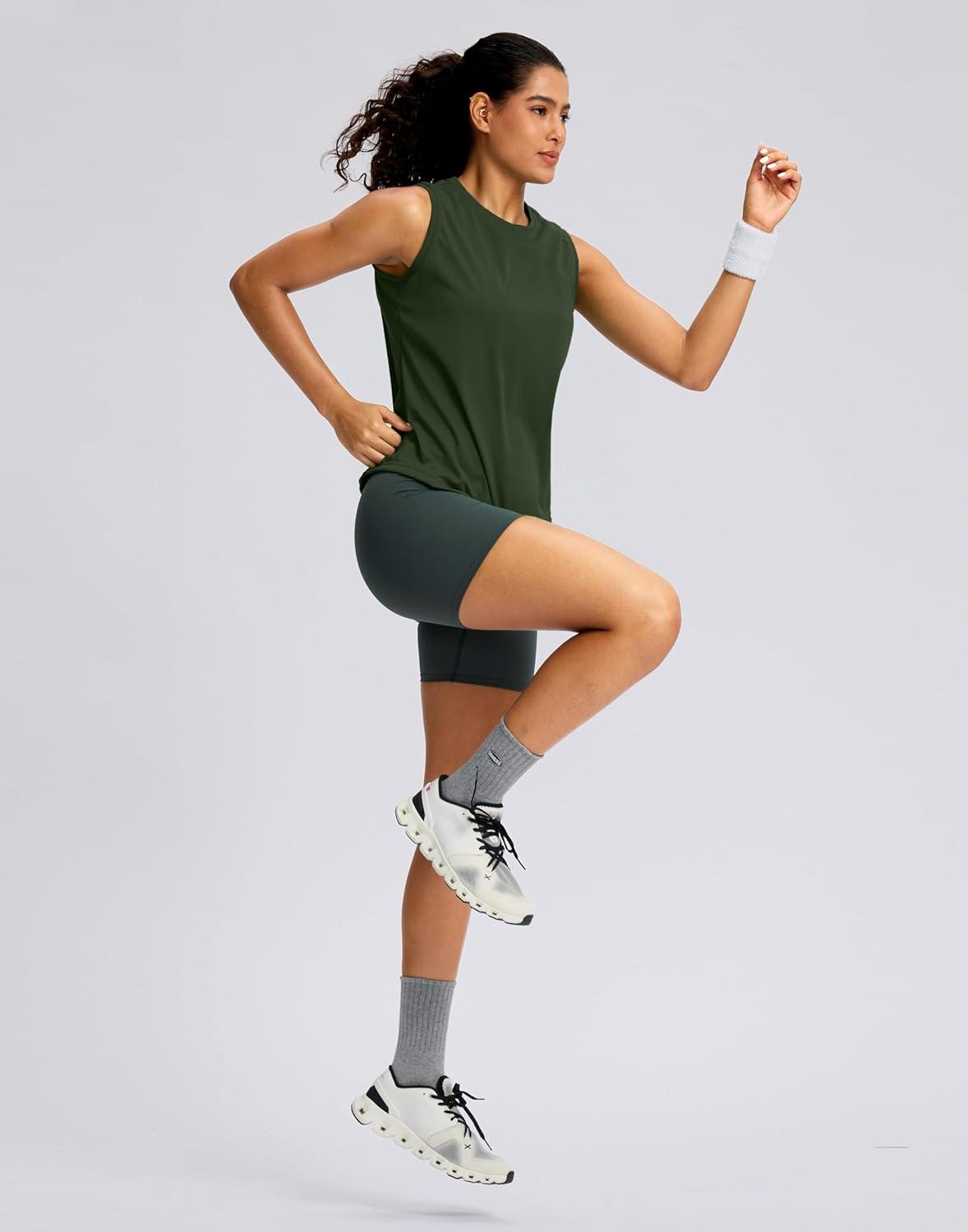 imageSANTINY Sleeveless Workout Tops for Women Breathable Lightweight Athletic Running Tank Tops Active Tennis Yoga ShirtsOlive