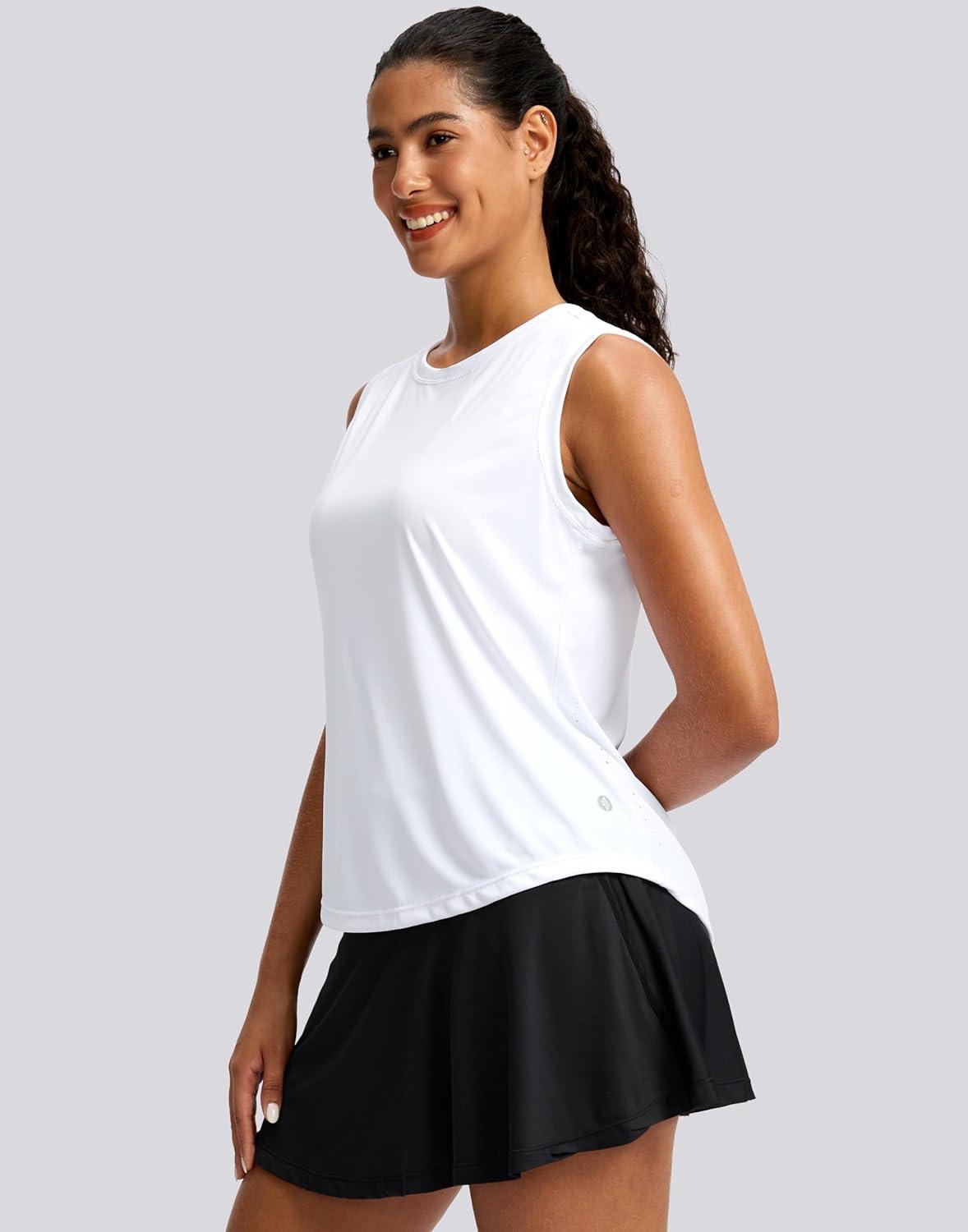 imageSANTINY Sleeveless Workout Tops for Women Breathable Lightweight Athletic Running Tank Tops Active Tennis Yoga ShirtsWhite