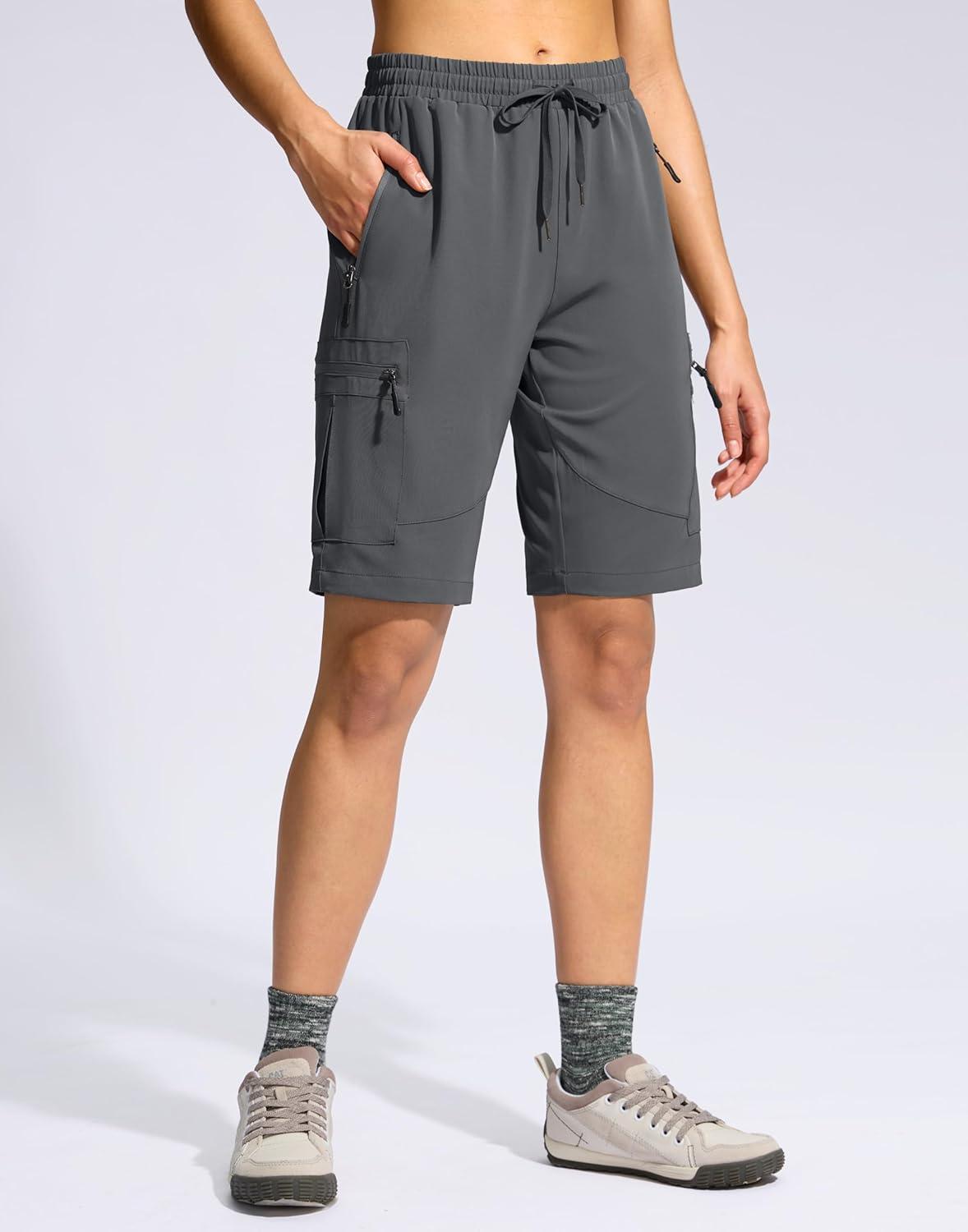 imageSANTINY Womens 10 Lightweight Hiking Cargo Shorts with 5 Zipper Pockets Quick Dry Summer Long Travel Golf Shorts for WomenDark Grey