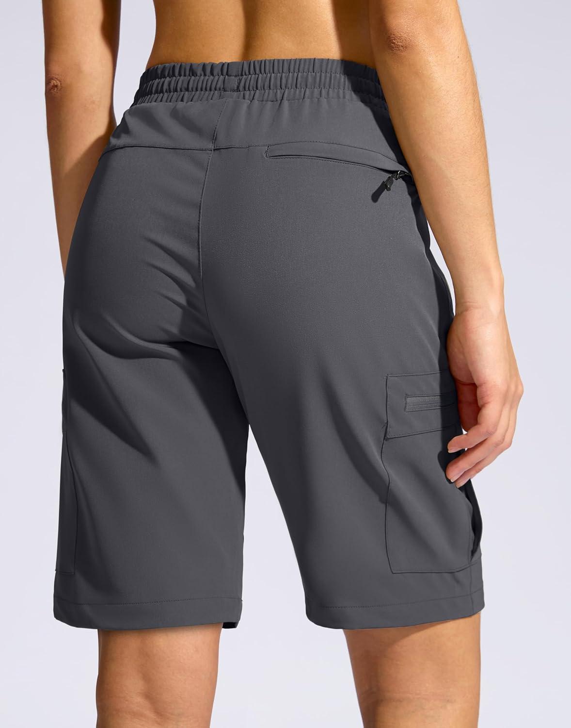 imageSANTINY Womens 10 Lightweight Hiking Cargo Shorts with 5 Zipper Pockets Quick Dry Summer Long Travel Golf Shorts for WomenDark Grey