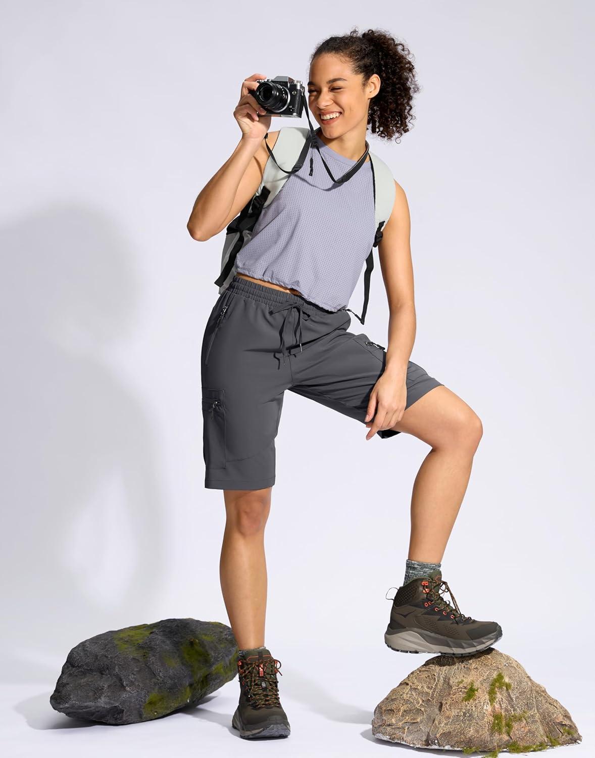 imageSANTINY Womens 10 Lightweight Hiking Cargo Shorts with 5 Zipper Pockets Quick Dry Summer Long Travel Golf Shorts for WomenDark Grey