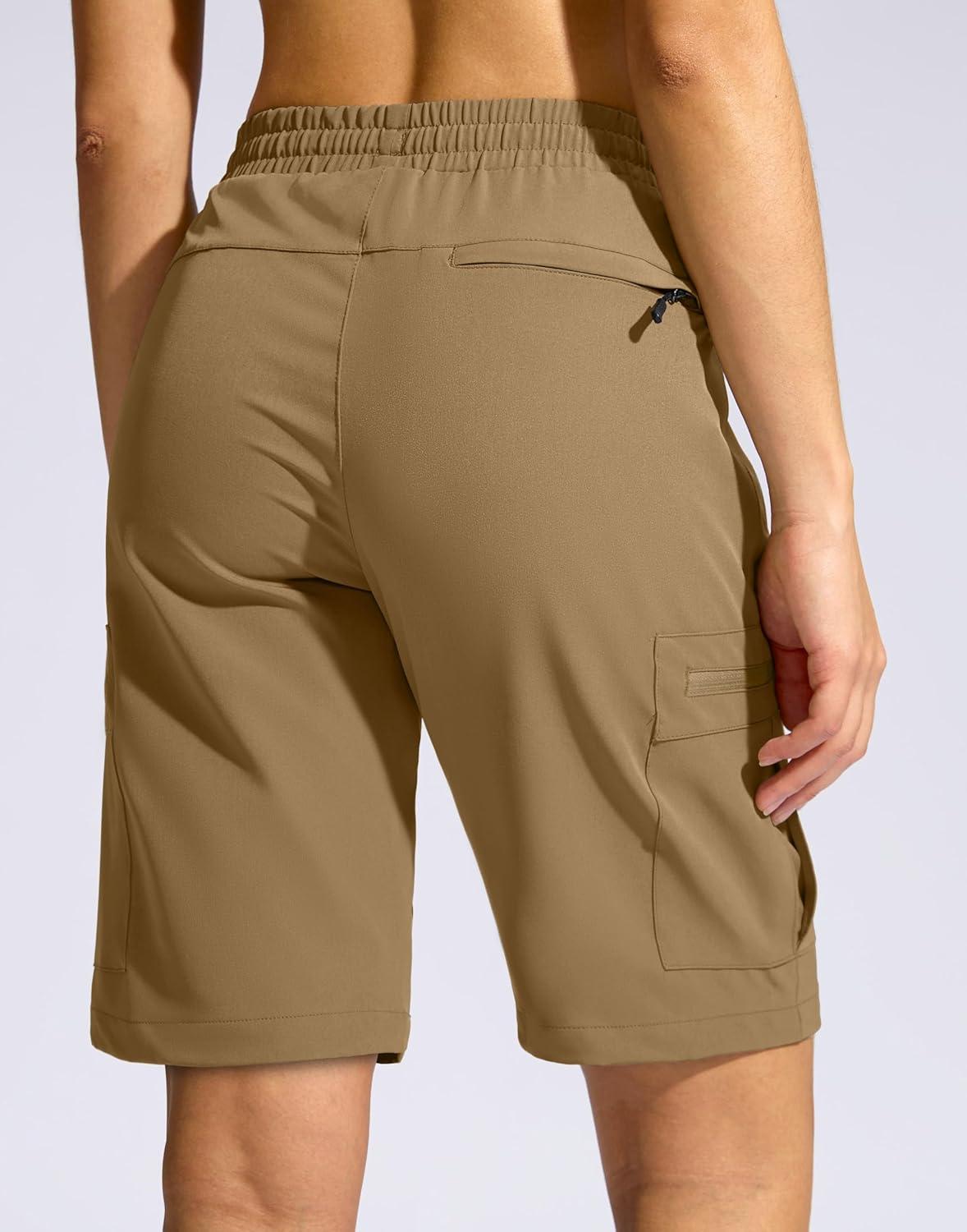 imageSANTINY Womens 10 Lightweight Hiking Cargo Shorts with 5 Zipper Pockets Quick Dry Summer Long Travel Golf Shorts for WomenDark Khaki