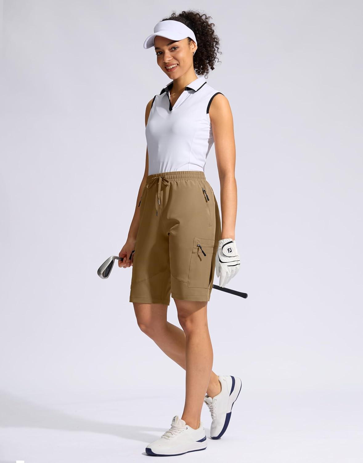 imageSANTINY Womens 10 Lightweight Hiking Cargo Shorts with 5 Zipper Pockets Quick Dry Summer Long Travel Golf Shorts for WomenDark Khaki