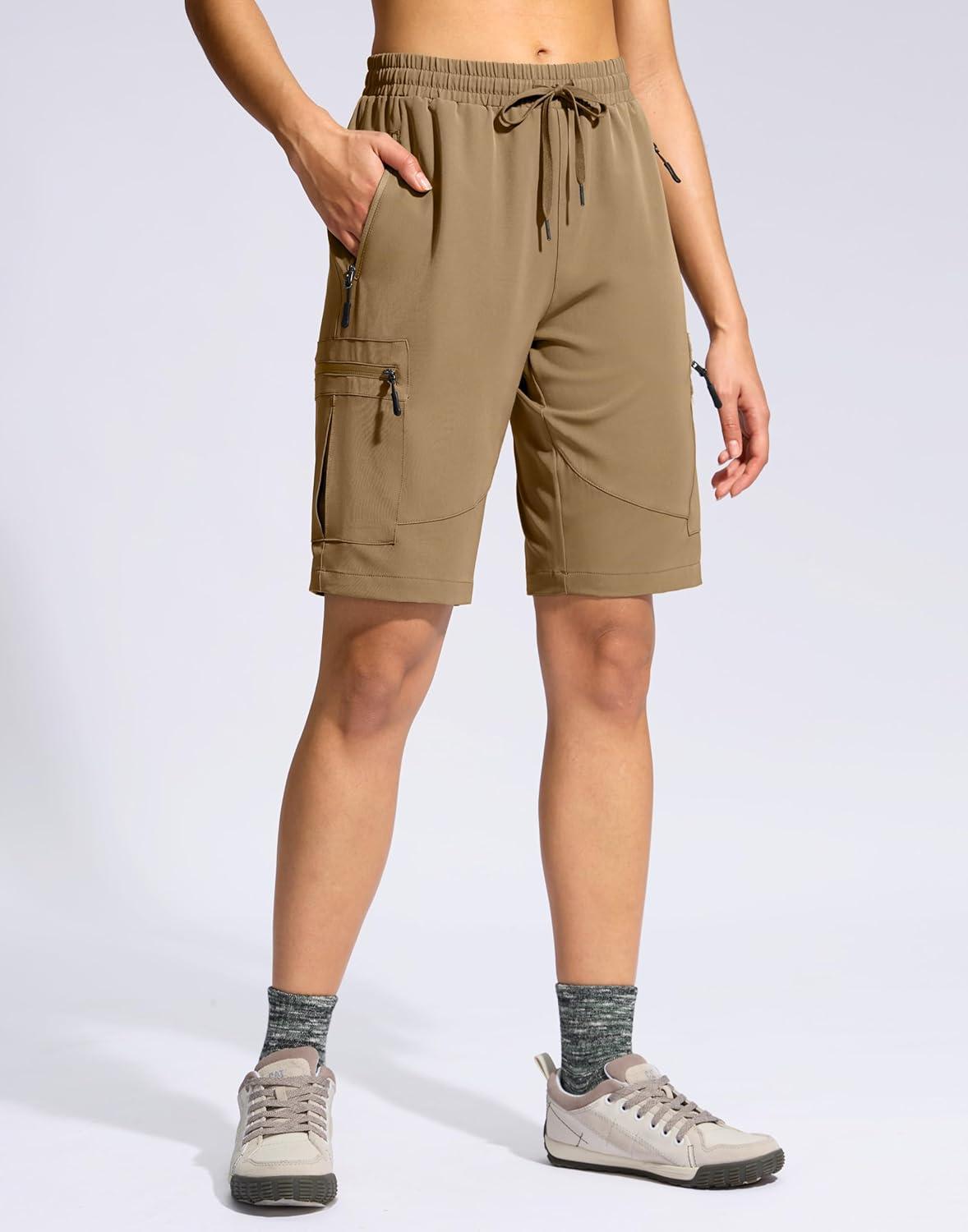 imageSANTINY Womens 10 Lightweight Hiking Cargo Shorts with 5 Zipper Pockets Quick Dry Summer Long Travel Golf Shorts for WomenDark Khaki
