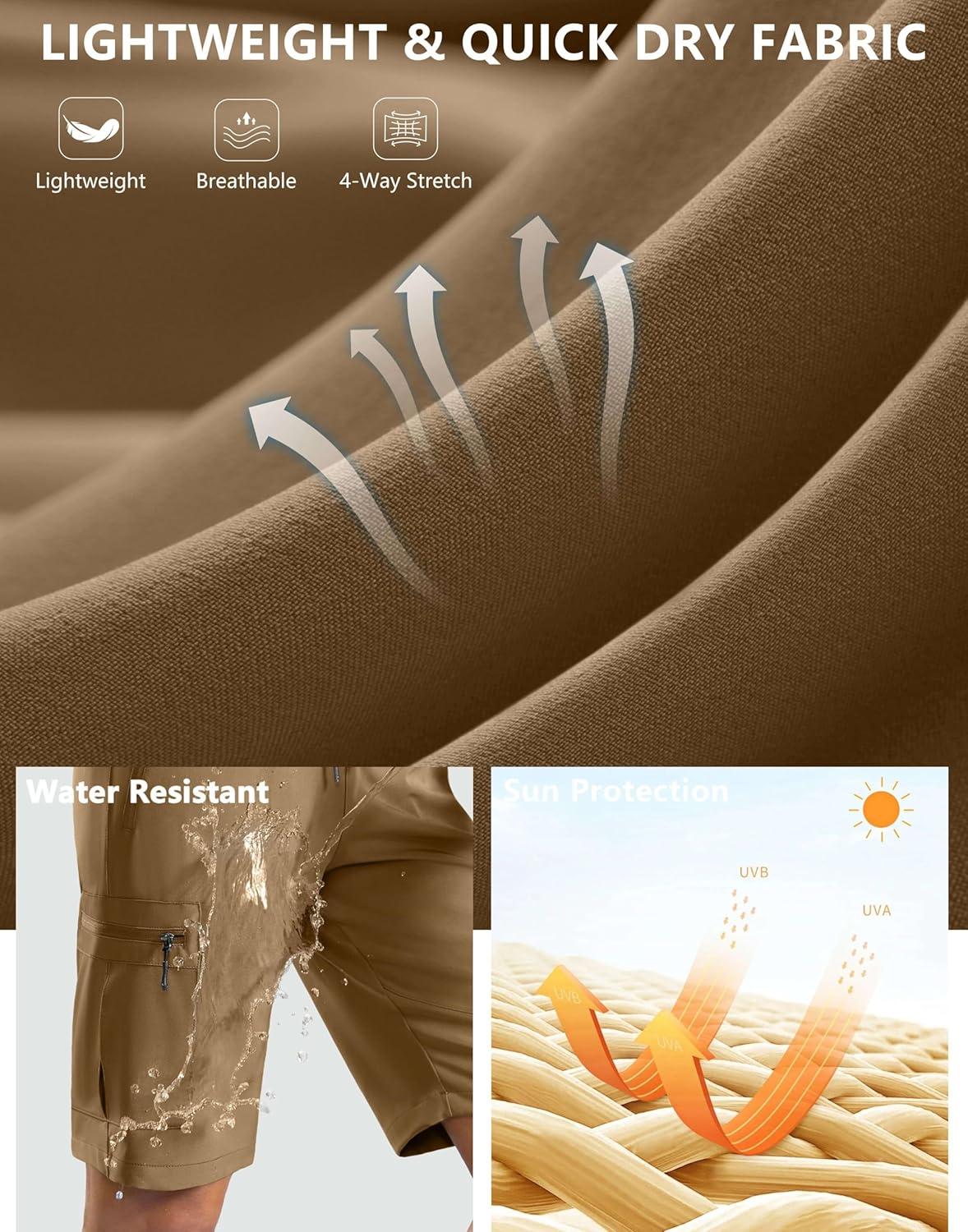 imageSANTINY Womens 10 Lightweight Hiking Cargo Shorts with 5 Zipper Pockets Quick Dry Summer Long Travel Golf Shorts for WomenDark Khaki