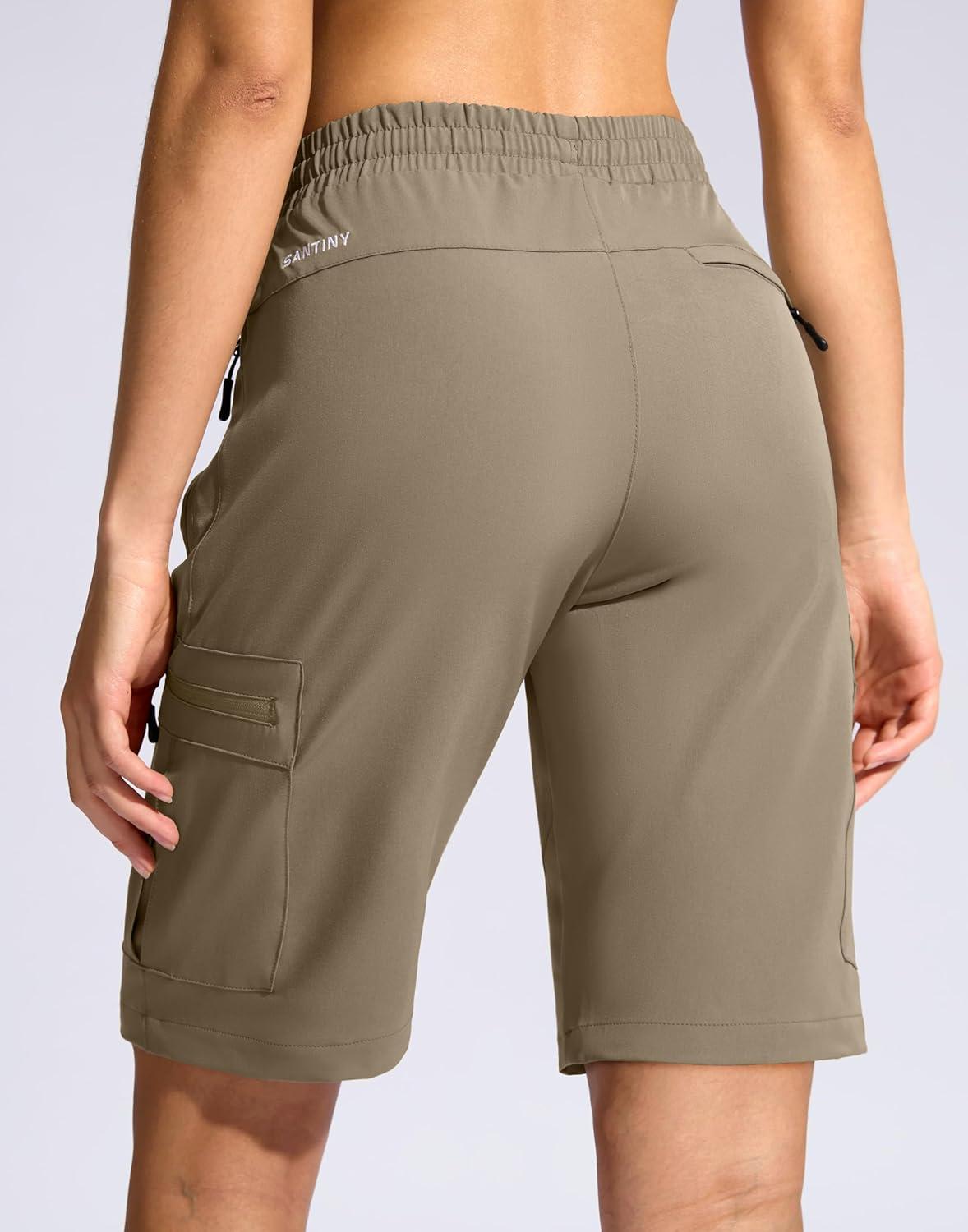 imageSANTINY Womens 10 Lightweight Hiking Cargo Shorts with 5 Zipper Pockets Quick Dry Summer Long Travel Golf Shorts for WomenDusty Khaki
