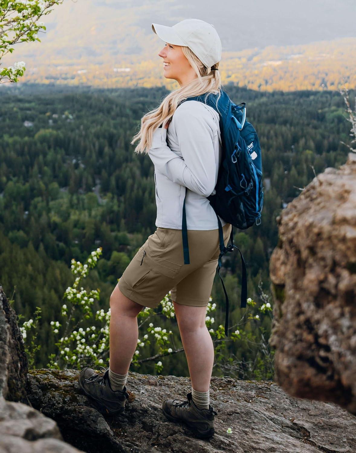 imageSANTINY Womens 10 Lightweight Hiking Cargo Shorts with 5 Zipper Pockets Quick Dry Summer Long Travel Golf Shorts for WomenDusty Khaki