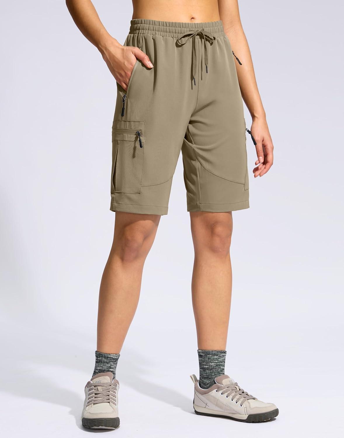 imageSANTINY Womens 10 Lightweight Hiking Cargo Shorts with 5 Zipper Pockets Quick Dry Summer Long Travel Golf Shorts for WomenDusty Khaki